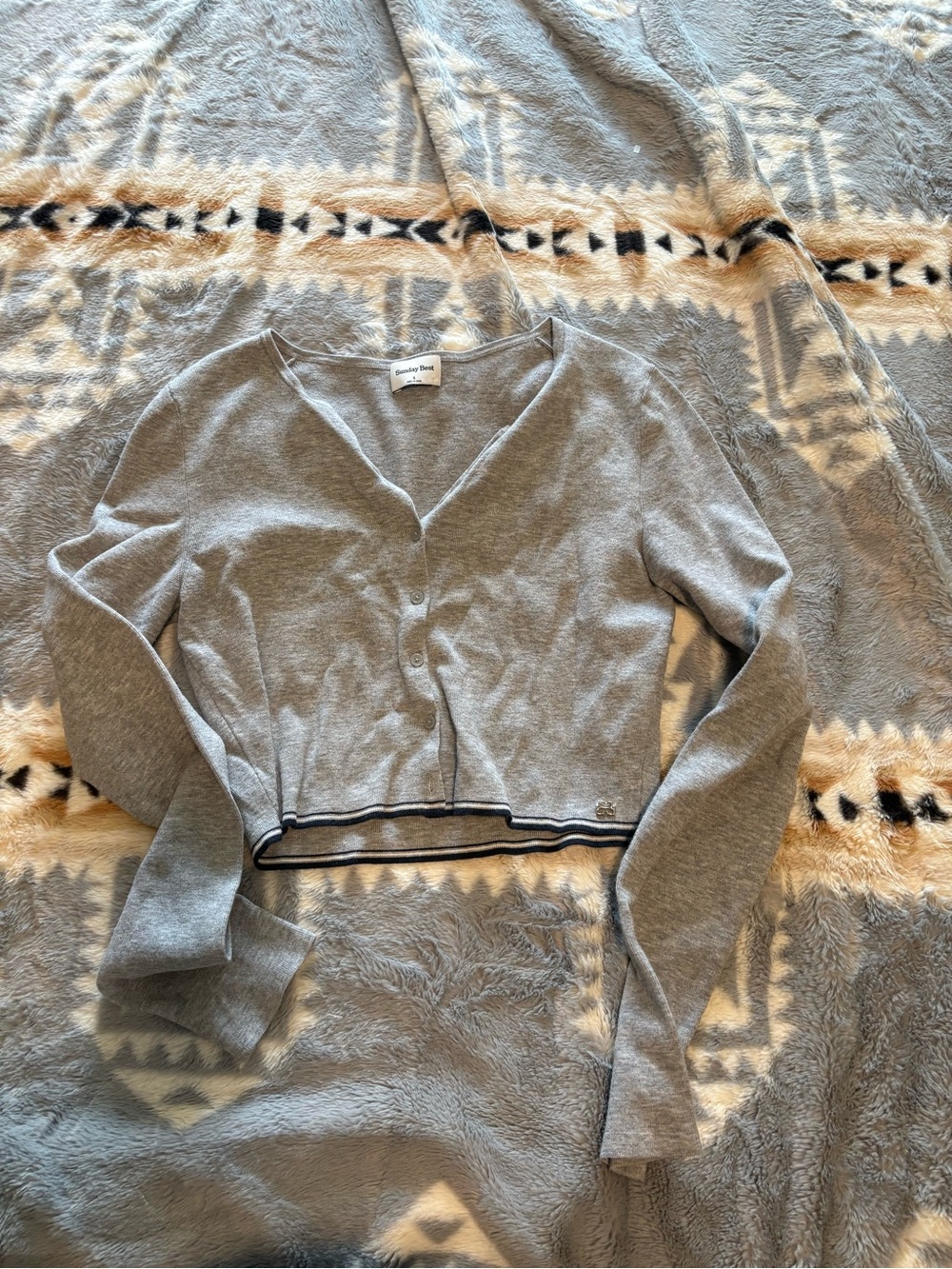 Sunday Best Light Gray V-Neck Cropped Button Cardigan with Black Trim